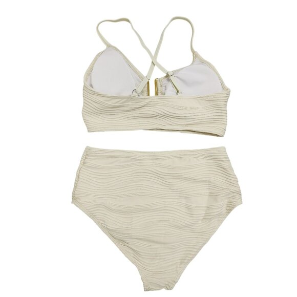 Two-Piece Beige Womens Textured Bikini Set High-Waisted Strappy Top Size M - Picture 5 of 5